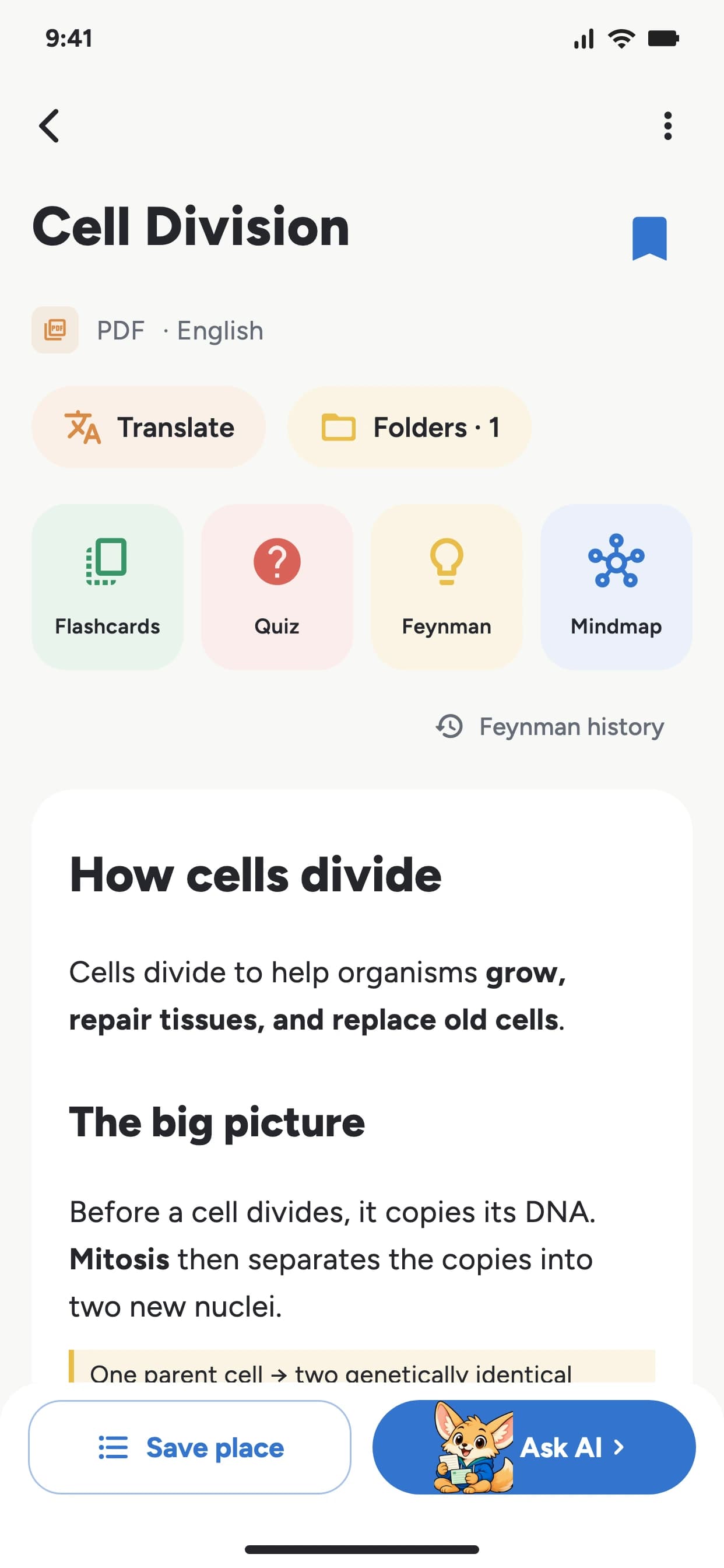 StudyTok AI Notes screen with sample study material