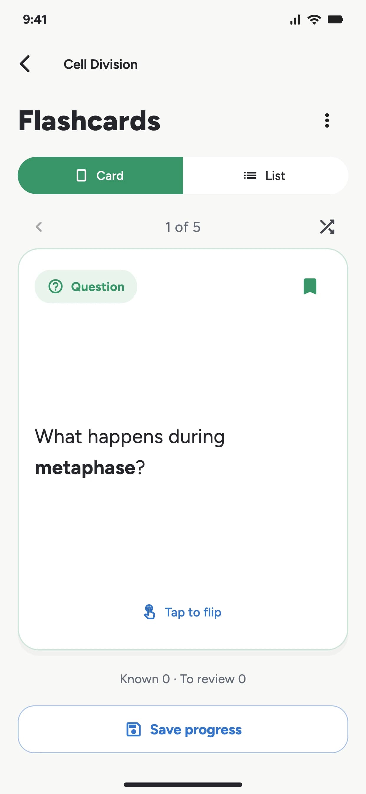 StudyTok AI Flashcards screen with sample study material